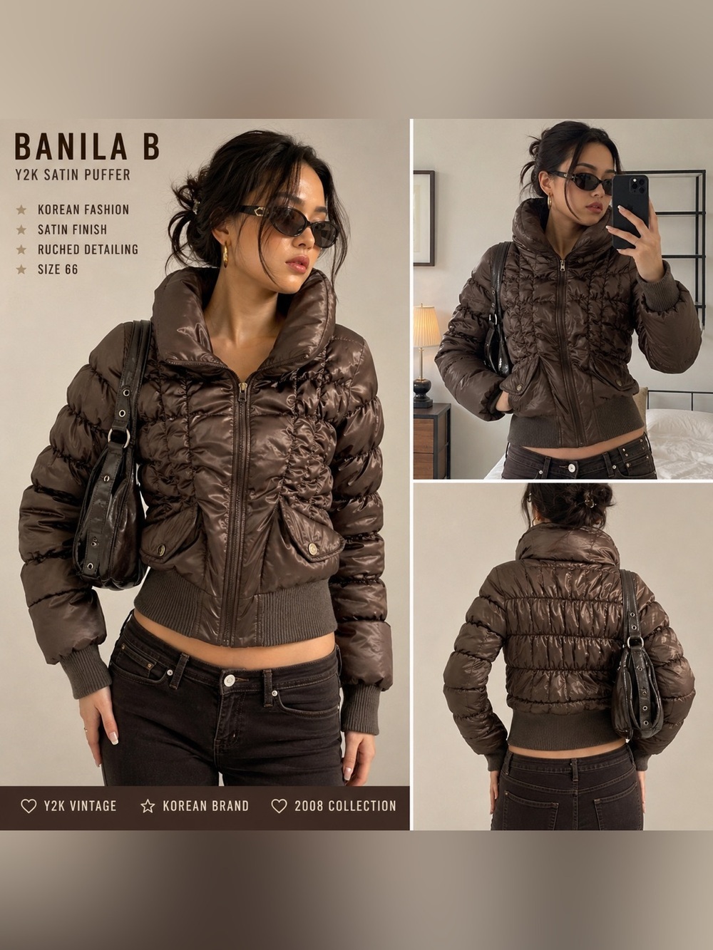 Banila B Satin Puffer Jacket Gray Ruched Y2K Korean Fashion Size 66
